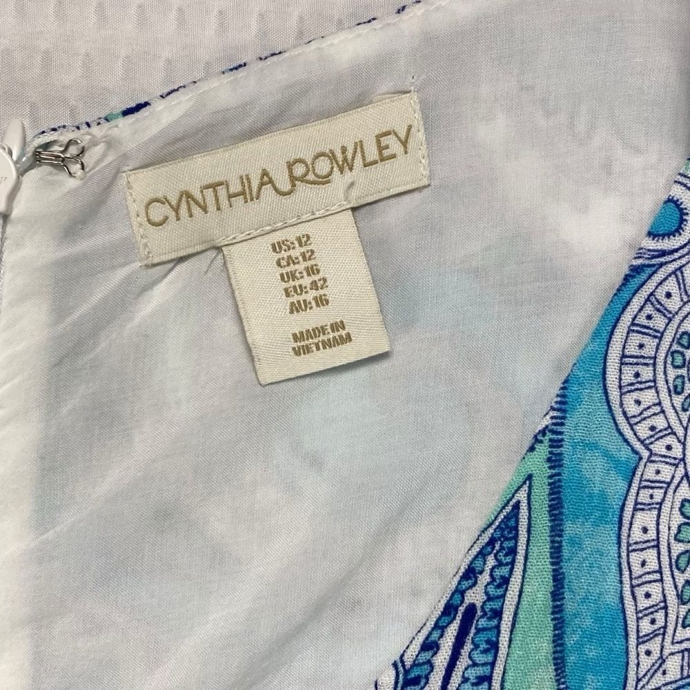 Cynthia Rowley Paisley Ruffle Hem Dress Womens Size 12 Blue Pockets Festive Boho - Picture 5 of 11